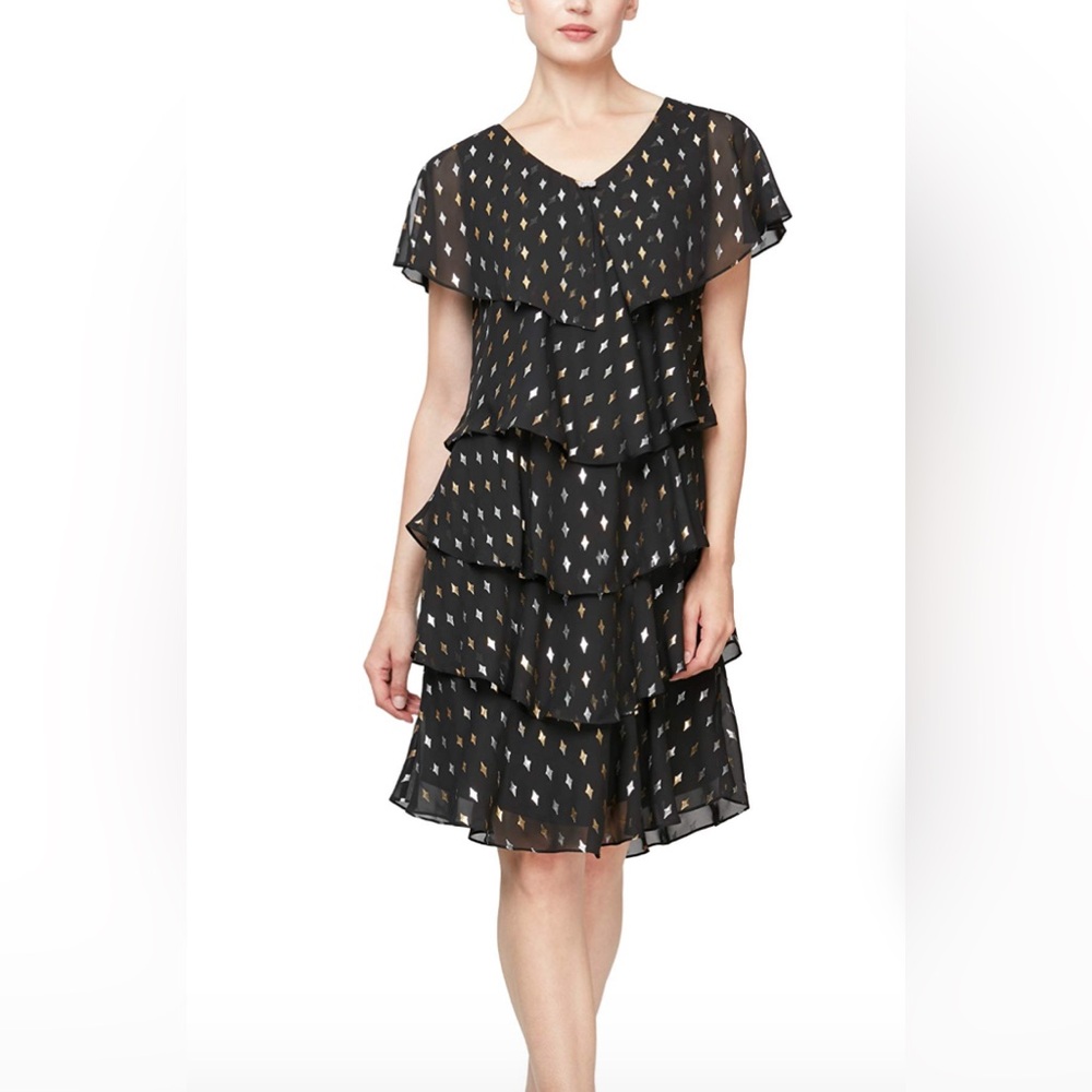 Ignite Evening Dress with Gold and Silver Accents Tiered Dress. Party wedding